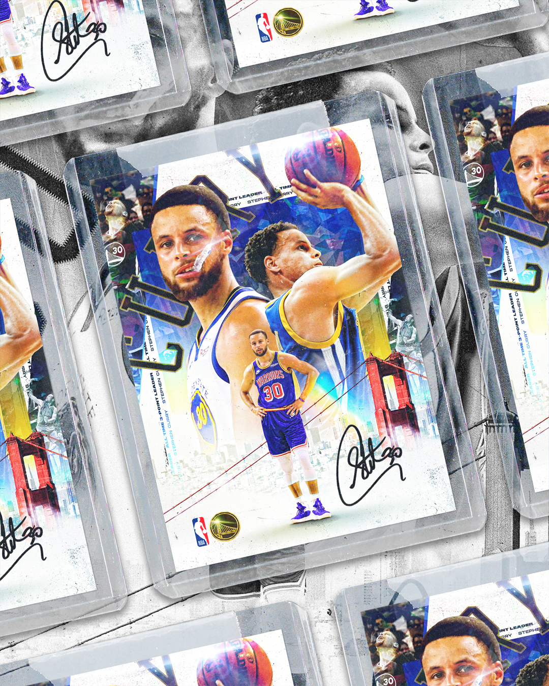 Multiple basketball trading cards featuring Stephen Curry, including images of him playing basketball, standing with hands on hips, and the Golden Gate Bridge in the background, with his signature and NBA and Golden State Warriors logos.