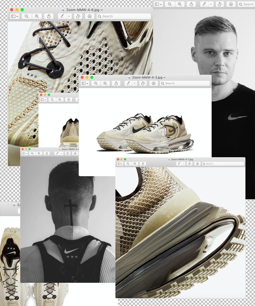 Collage of images featuring Nike sneakers, a close-up of detailed sneaker fabric, a man in a Nike shirt with a logo, and a person with a tattoo on the back of their head.
