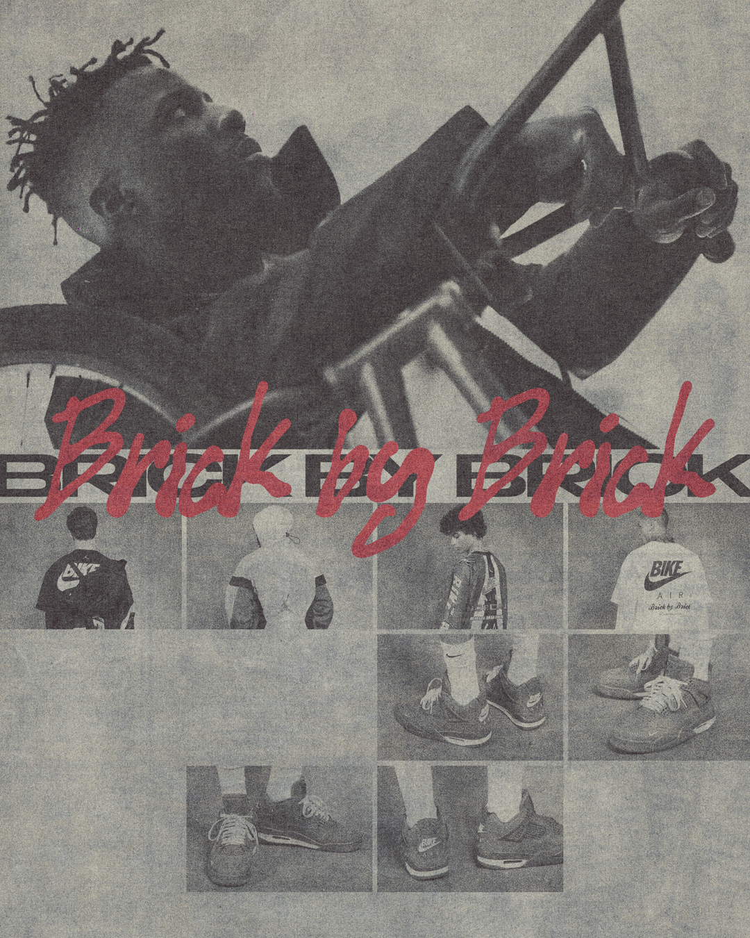 A person in a wheelchair using a portable device with the text 'Brick by Brick' overlayed across the center. The background features photos of people and Nike sneakers.