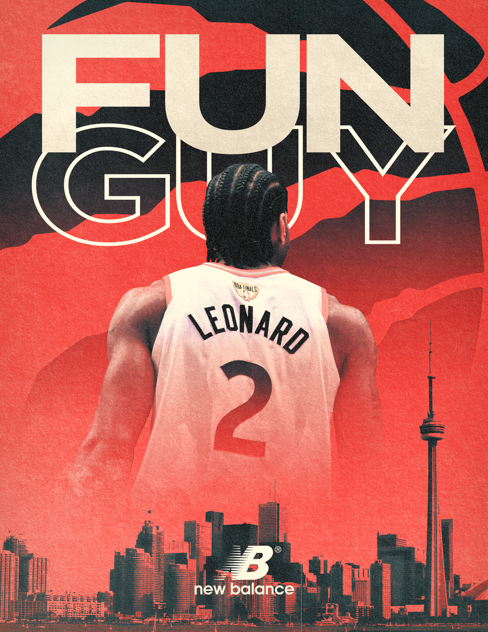 Montage of a Toronto skyline and a basketball player wearing a Leonard #2 jersey, with the words 'FUN GUY' in large letters and the New Balance logo.