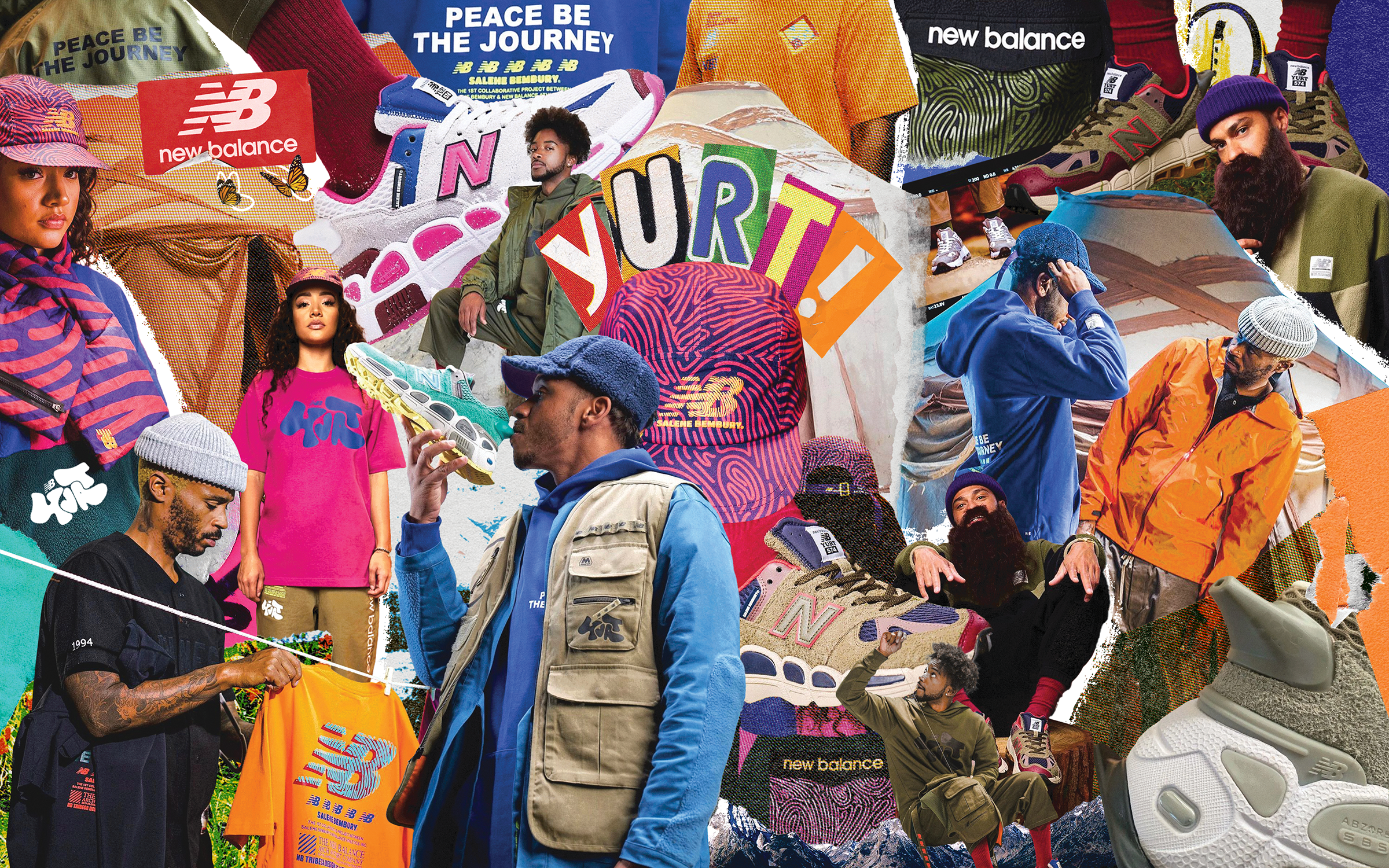 A collage of people and sneakers featuring New Balance and other athletic brands, with colorful elements and text like 'VURITO!' and 'PEACE BE THE JOURNEY'.
