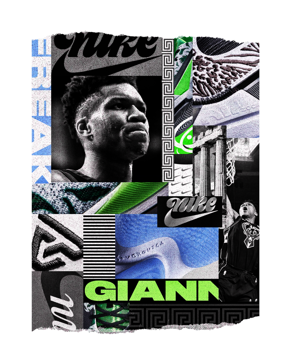 Collage featuring a black and white photo of a basketball player, Nike and Giannis Antetokounmpo logos, a basketball hoop, and various textured and graphic elements with green and blue accents.