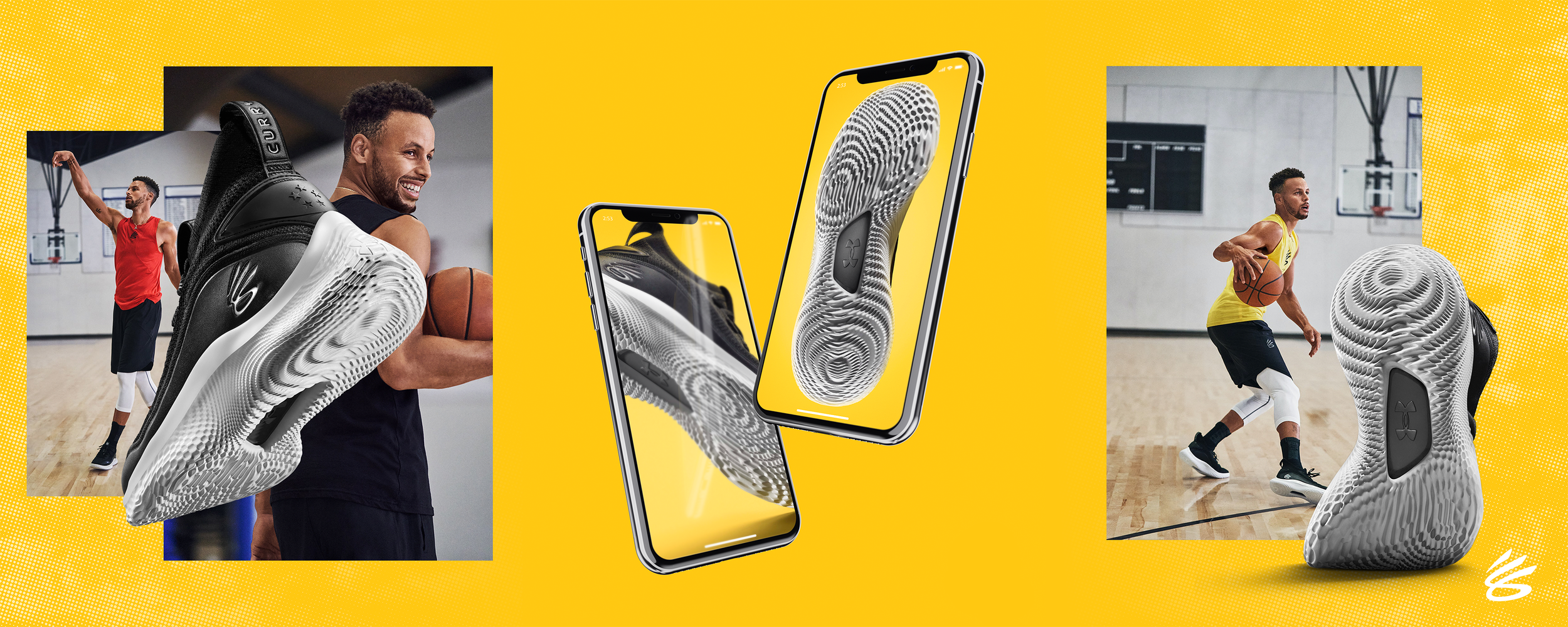 Two basketball players on indoor courts with large images of a sneaker and a shoe sole displayed on smartphones and a 3D rendering of the shoe's sole in the foreground.