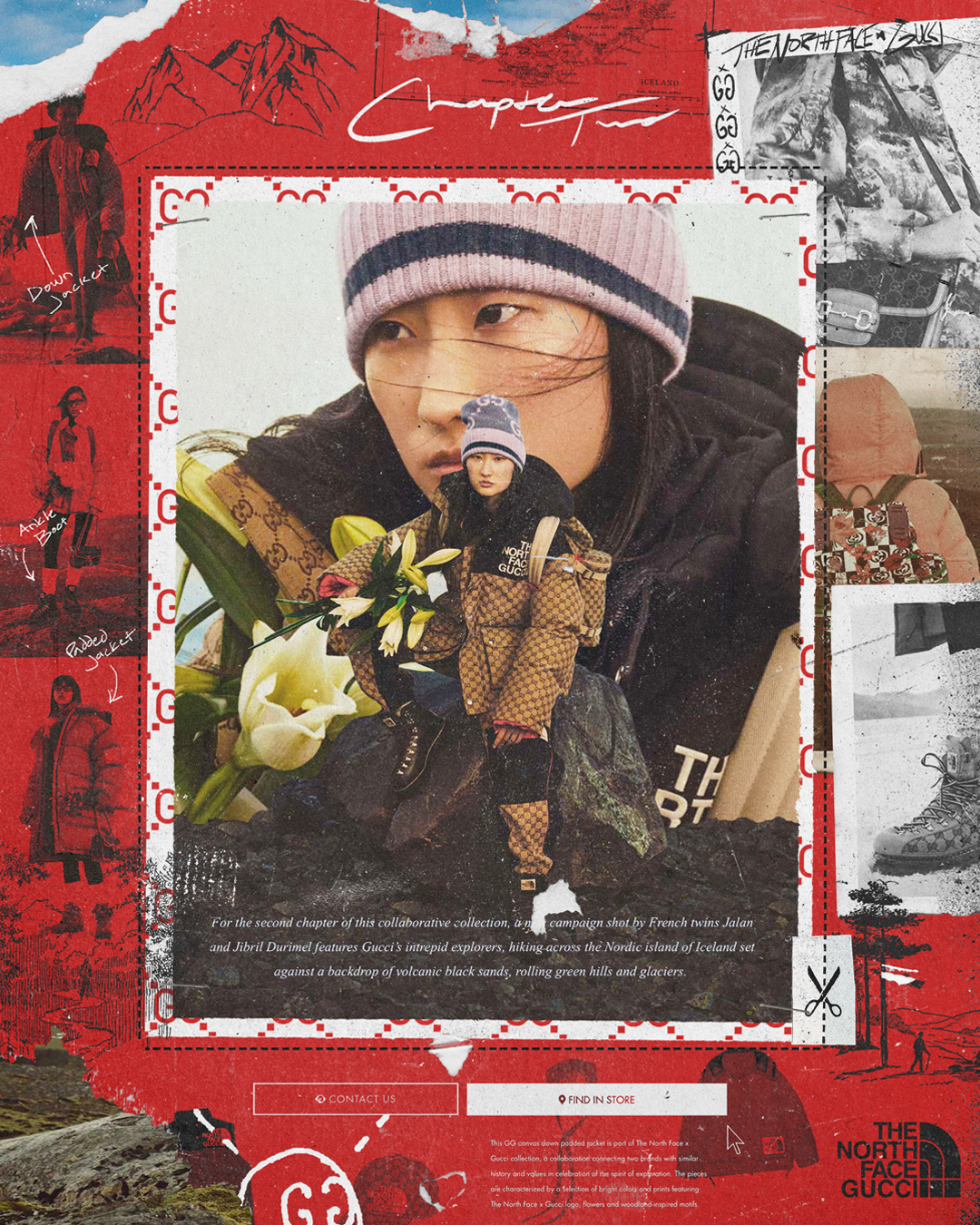 Collage featuring a woman wearing winter clothing, with a smaller figurine of her holding flowers. The collage includes outdoor images like mountains, hiking, and boots, along with sketches and text related to North Face and Gucci, emphasizing explor