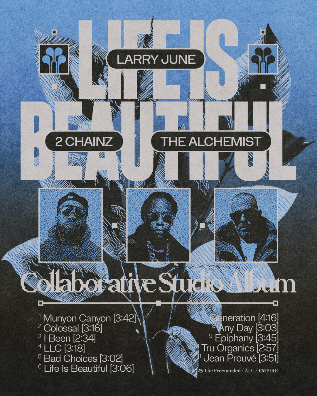 Album cover for "Celebrative Souls Album" featuring black and white photographs of three individuals in blue rectangular frames, with large white text listing artists "Larry June," 