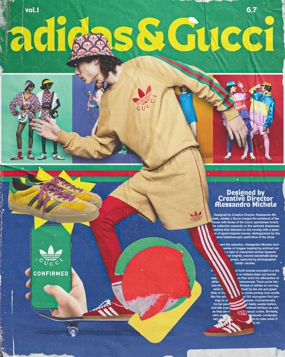 Colorful magazine cover featuring apparel and shoes from Adidas and Gucci, a person with a bucket hat, red and yellow sneakers riding a skateboard, and smaller images of models wearing sporty clothing and accessories.