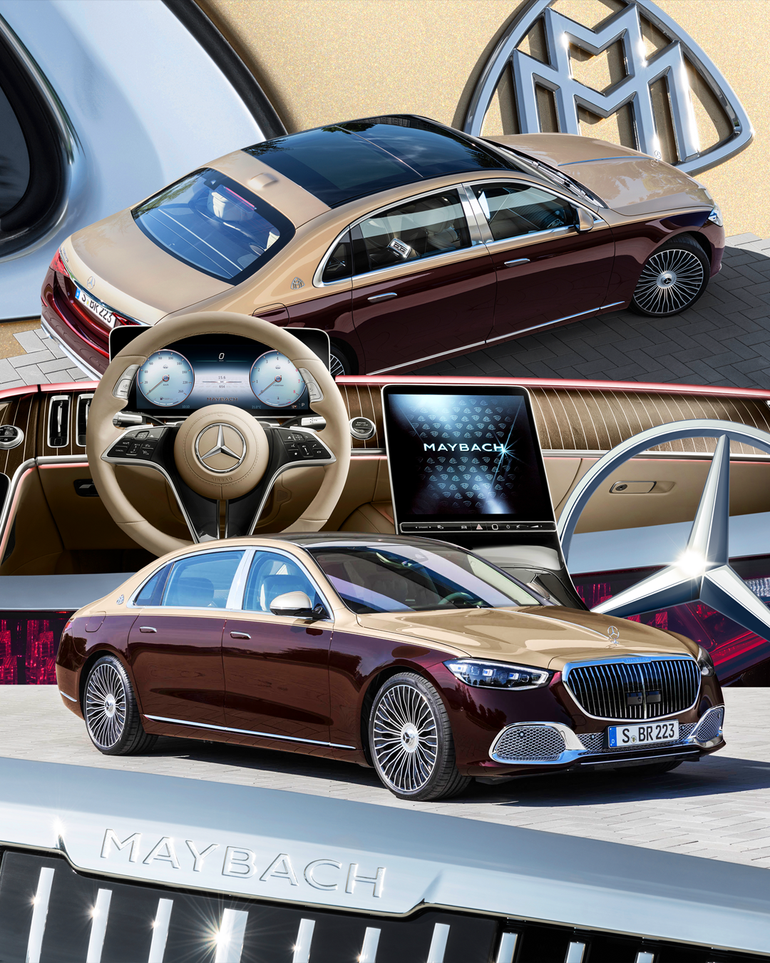 Collage of luxury Mercedes-Maybach cars, interior dashboard with steering wheel and digital display, and Maybach logo.