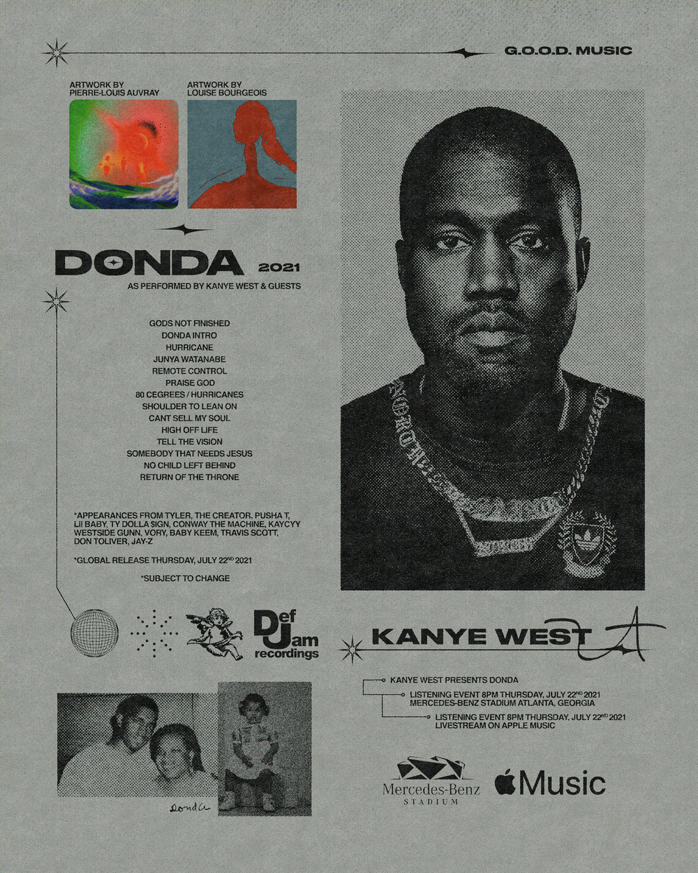 Event poster featuring Kendrick Lamar for Kanye West's Donda album, with tracklist, artwork credits, and event details at Mercedes-Benz Stadium in Atlanta on July 22, 2021.