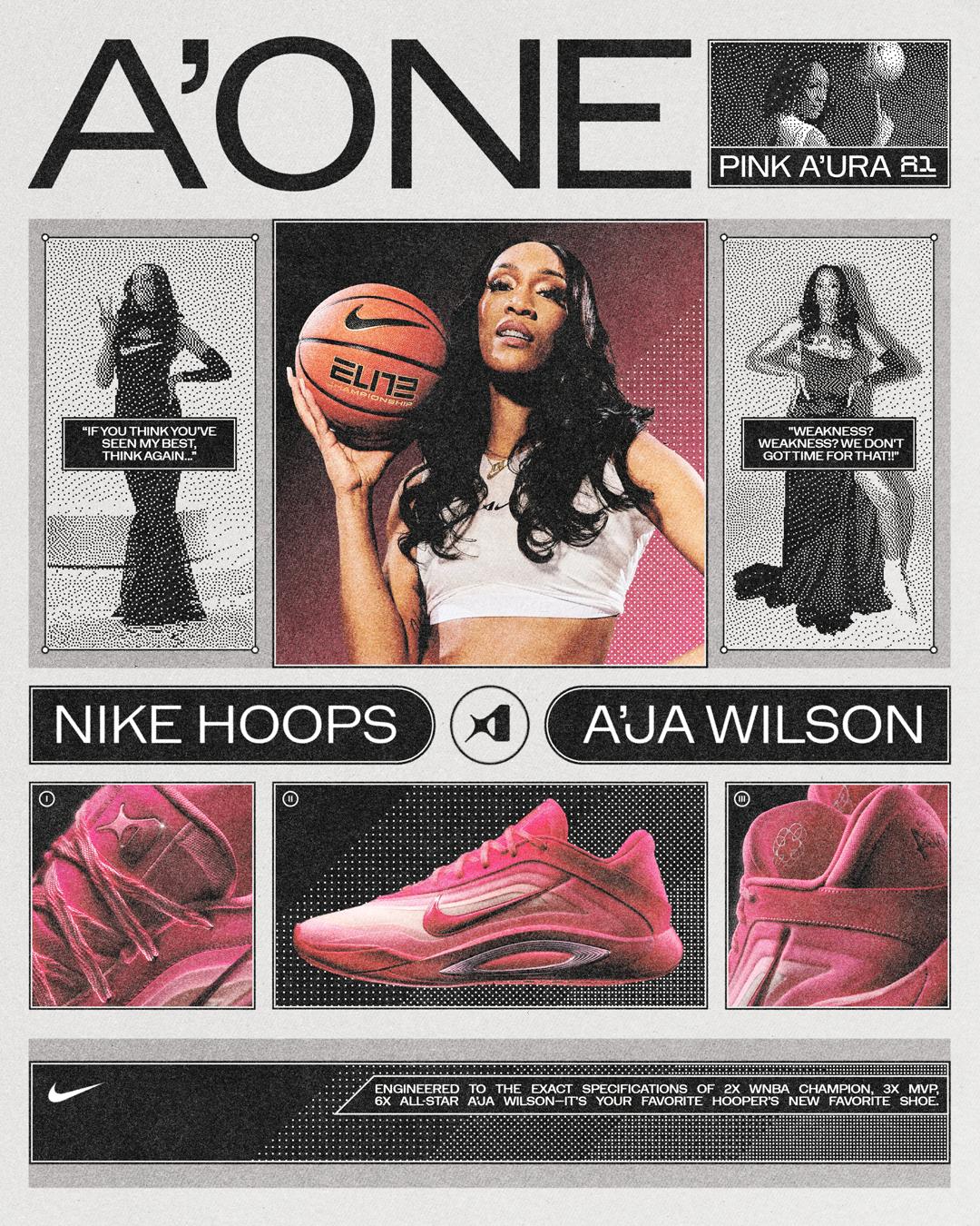 A magazine cover featuring A'ja Wilson with a basketball, promoting Nike hoops shoes, with black and white images of a woman in workout attire and motivational quotes, and detailed pictures of pink Nike sneakers.