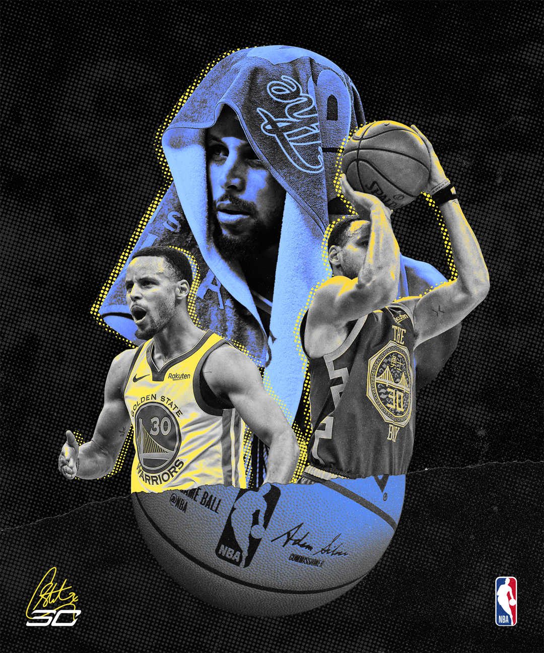 Collage featuring basketball players Stephen Curry and Klay Thompson of the Golden State Warriors, with a large portrait of a man with a towel over his head in the background. The NBA logo is visible at the bottom right corner.