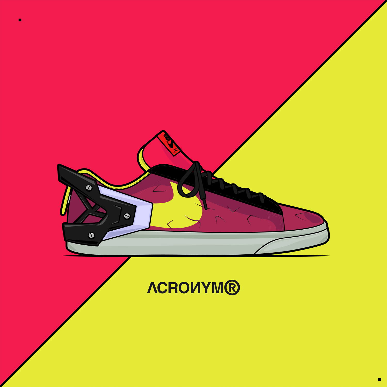 A digital drawing of a sneaky pink sneaker with black laces, a grey sole, and a black heel cage on a split background with red and yellow colors. Text 'ACROYM®' is written on the yellow section.