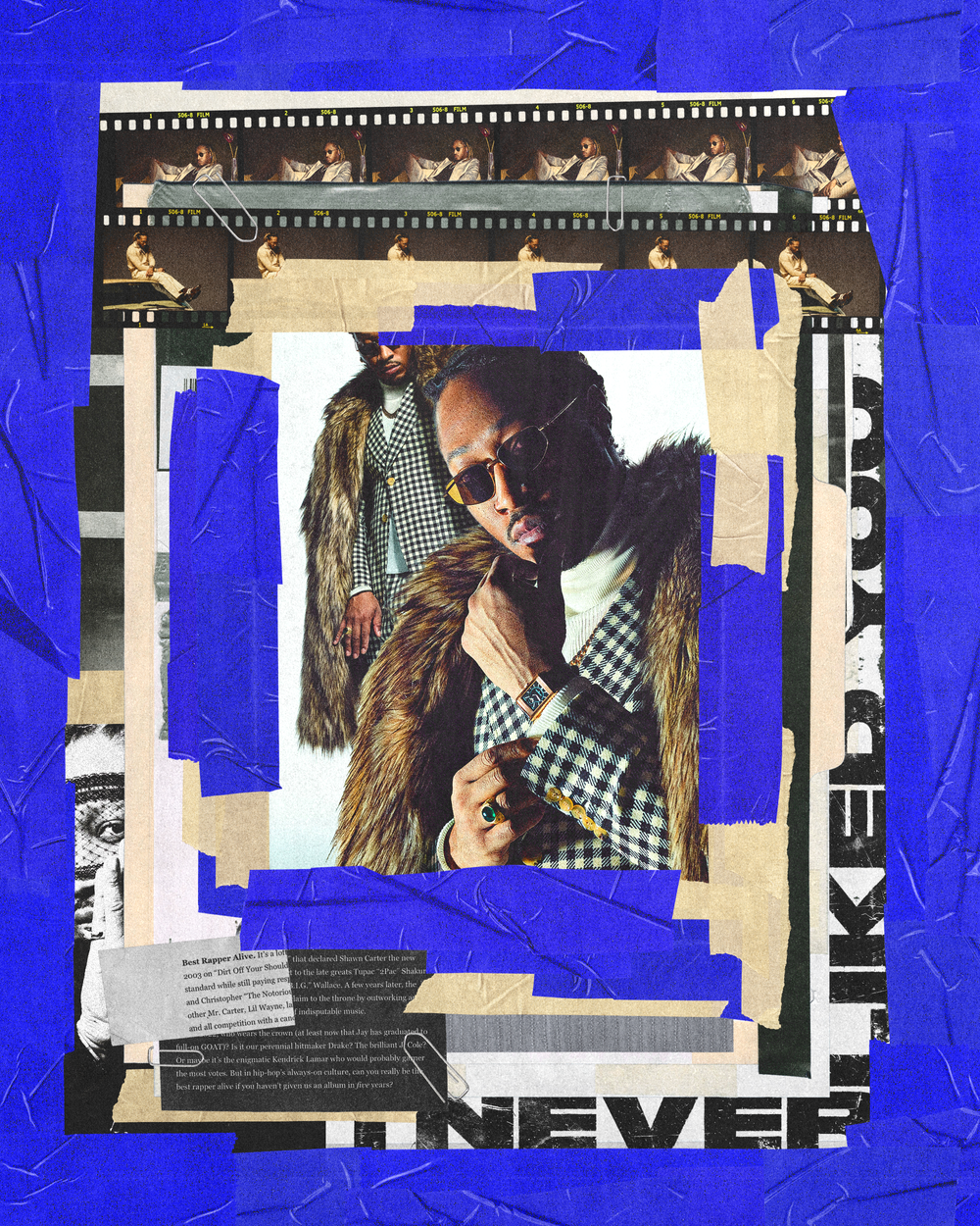Collage of layered magazine clippings with a prominent photo of a Black man wearing sunglasses and a checkered blazer with a fur coat, surrounded by textured blue tape, newspaper snippets, and film strip images.