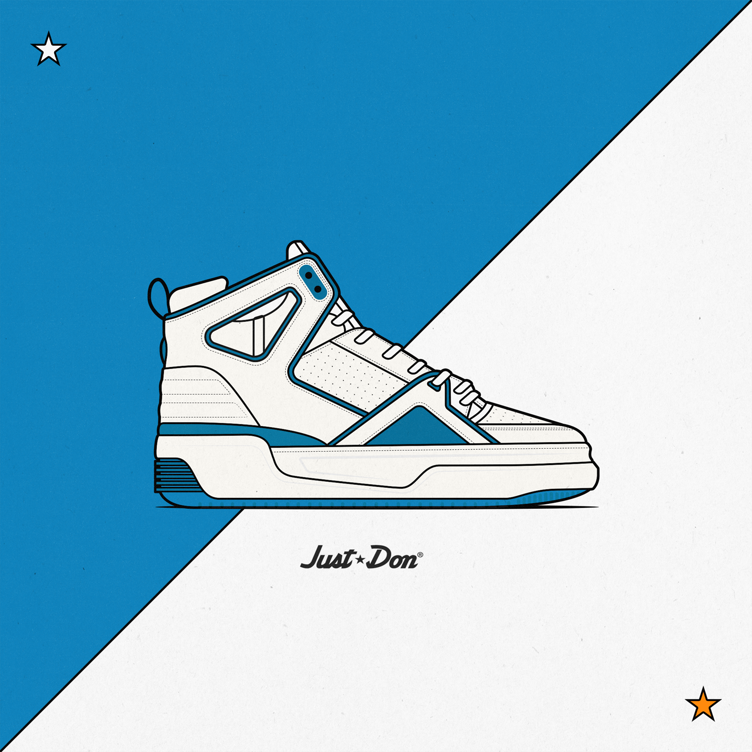 Line drawing of a white and blue athletic high-top sneaker on a split blue and white background with stars in the top left and bottom right corners, and 'Just Don' logo below the shoe.