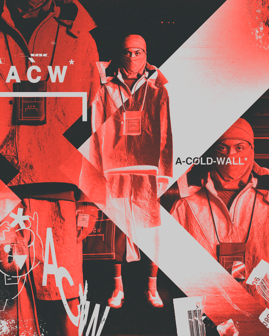A collage featuring individuals dressed in red and orange outdoor clothing with hoods and face coverings. The image includes text labels "A C W" and "A-COLD-WALL*" along with abstract graphic elements and barcode graphics, creating a layered, modern 