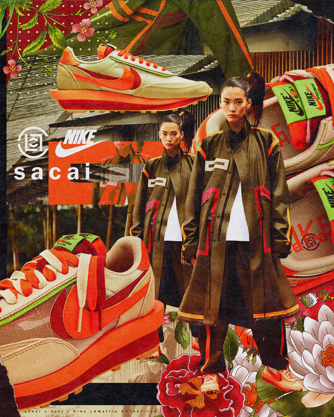 A collage of sneakers, fashion models, and floral patterns featuring Nike and Sacai branding.