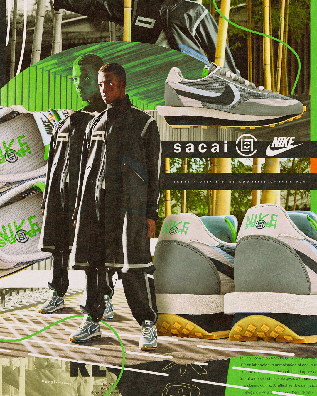 Fashion advertisement featuring Nike sneakers, two male models in black and white sportswear, and various Nike shoe designs with green accents. Background includes bamboo and greenery.