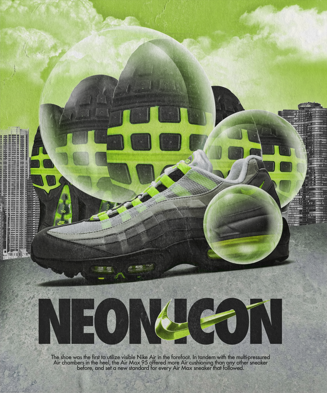 Advertisement for Nike Air Max 95 sneakers featuring a large Nike Air Max 95 shoe with visible air cushioning units and a background with city buildings and green clouds, highlighting the shoe's air technology.