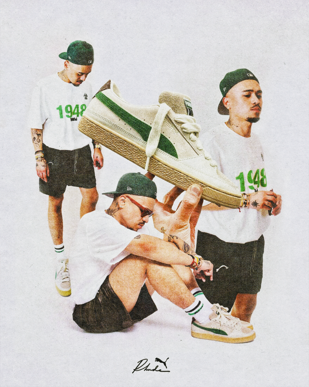 A group of four young men with tattoos and baseball caps, wearing white t-shirts with green '1948' writing, standing and sitting against a plain white background. One man is holding a large sneaker with green accents.