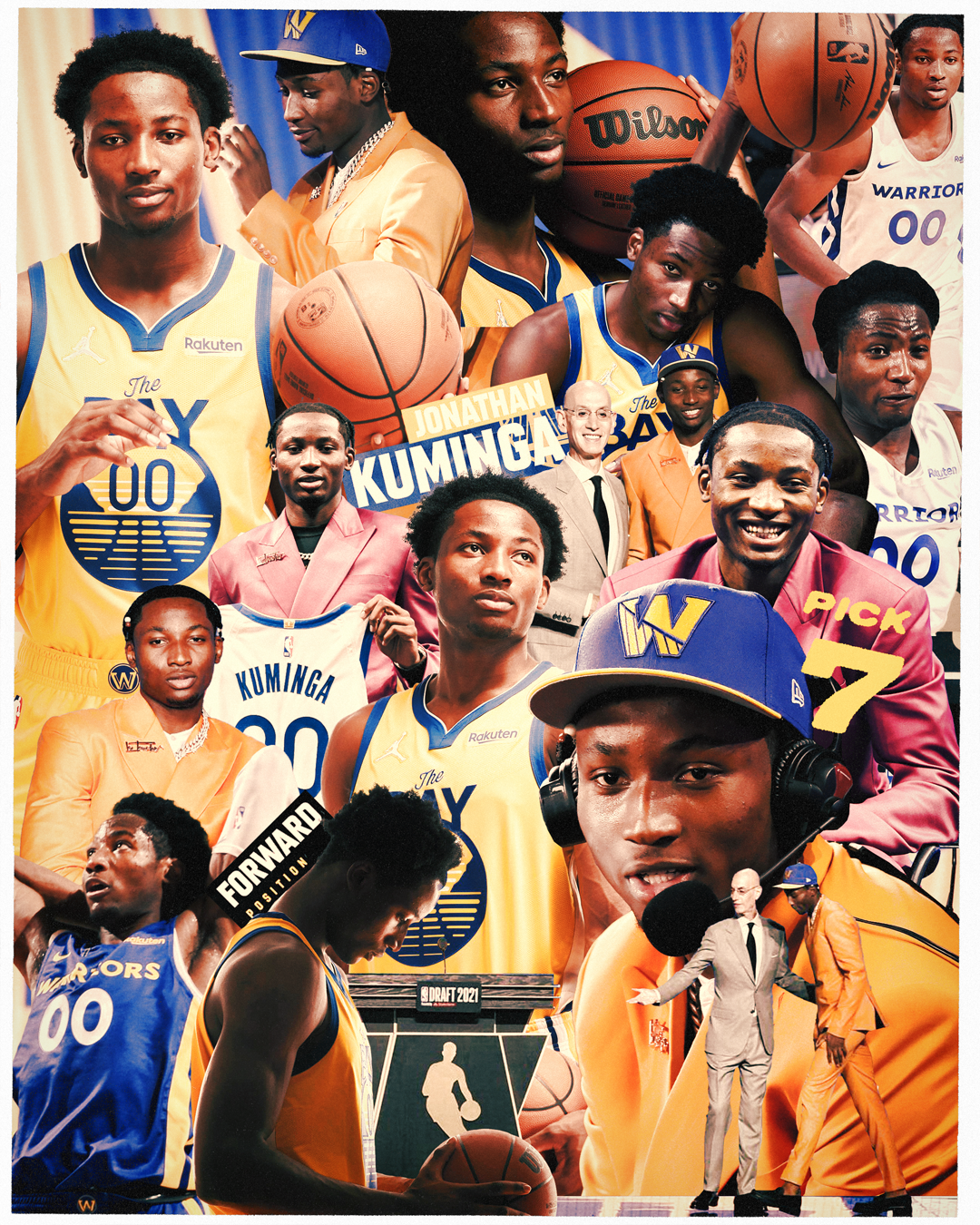 Collage of former Golden State Warriors player Jonathan Kuminga in various actions on the basketball court, wearing his yellow Warriors jersey with the number 00, along with images of him in different outfits, signing autographs, and a close-up of hi
