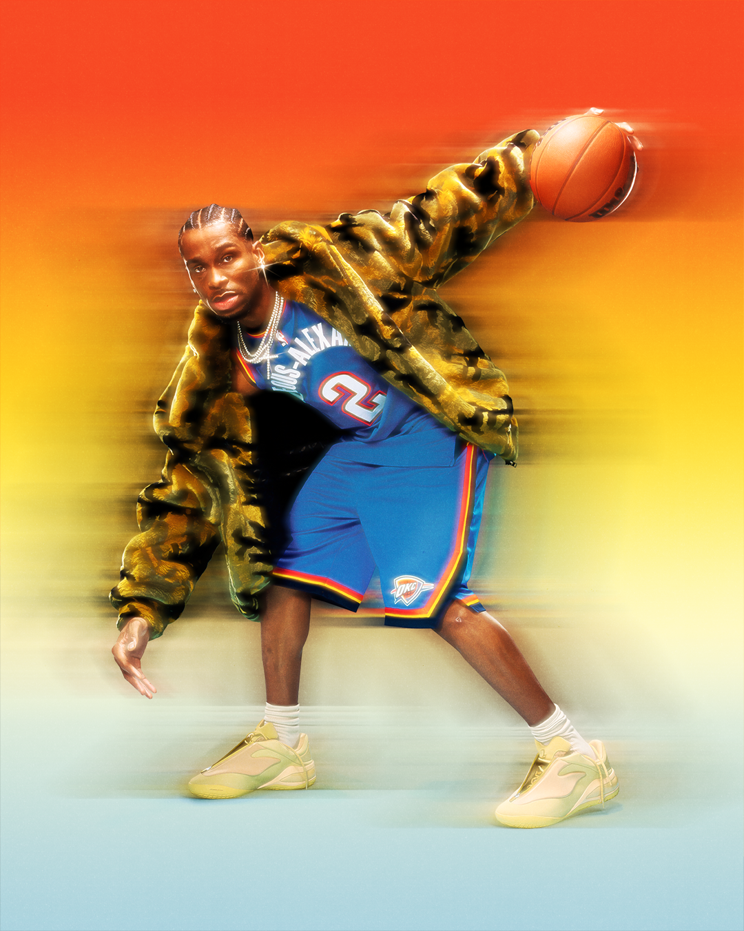 A young man in a blue Oklahoma City Thunder basketball jersey and yellow sneakers is performing a dance move on a basketball court, holding a basketball in one hand.
