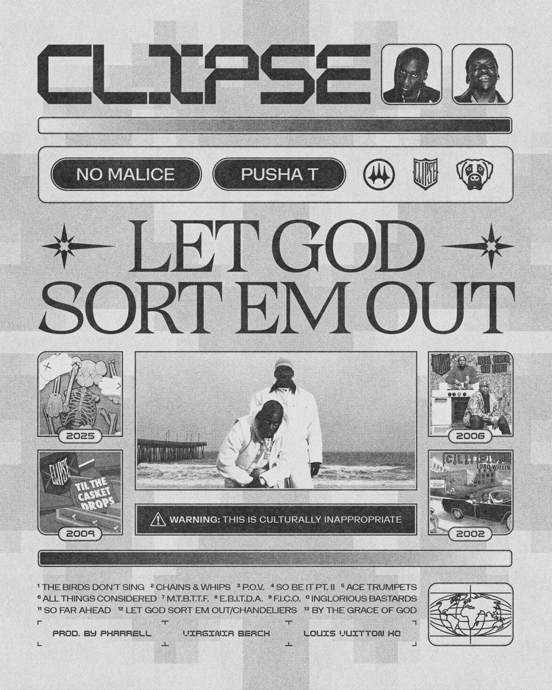 Black and white poster with the title 'ECLIPSE' with two photographs of the artist, song titles 'No Malice' and 'Pusha T', and various images and text including a central photo of two men at the beach, and smaller images with years 2025, 2006, 2009, 