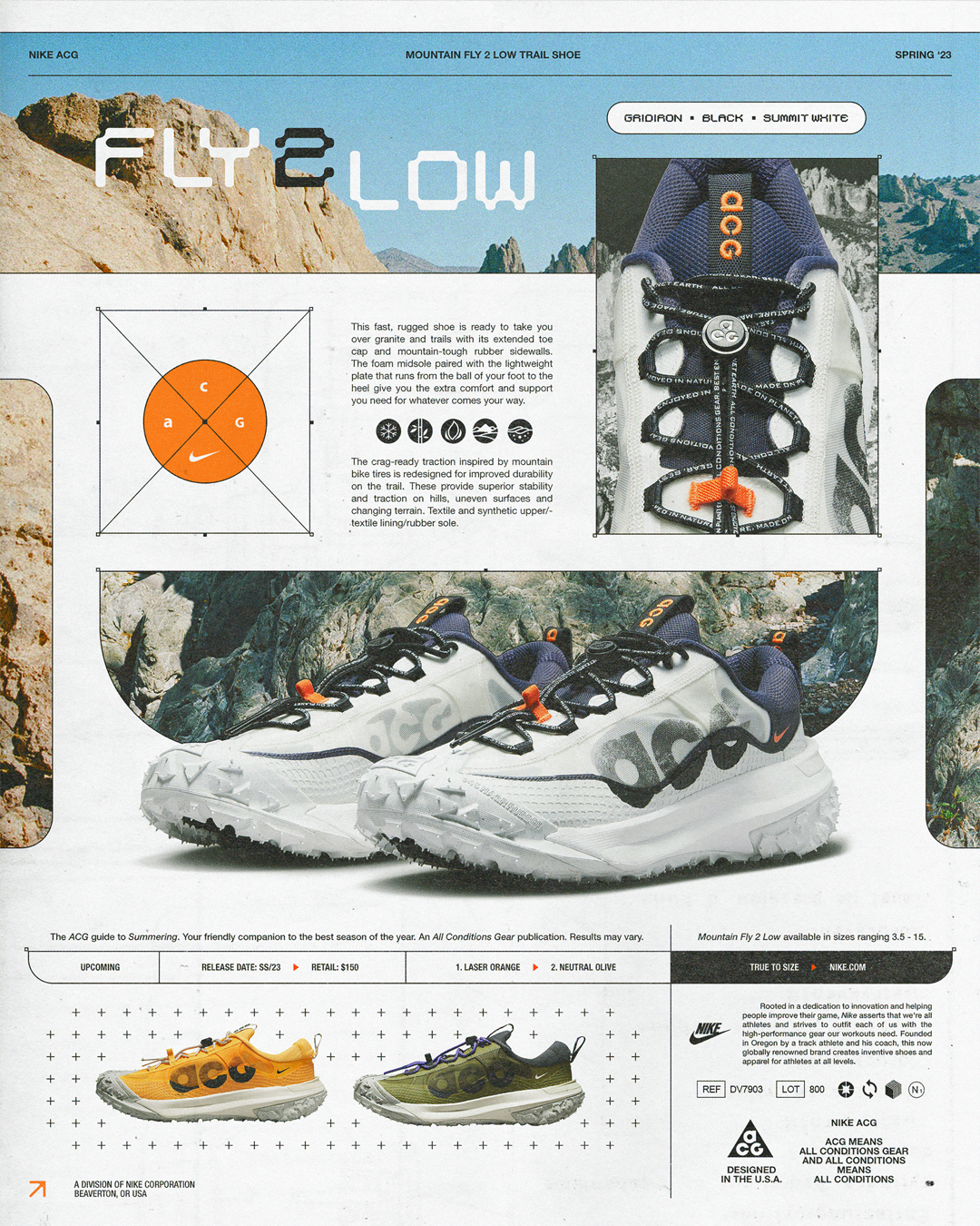 An advertisement for Nike Mountain Fly 2 Low Trail Shoes featuring multiple images of the shoes, including a close-up of the lacing system, side view, and top view. The ad highlights the shoe's rugged design, lightweight foam midsole, and durable Tra