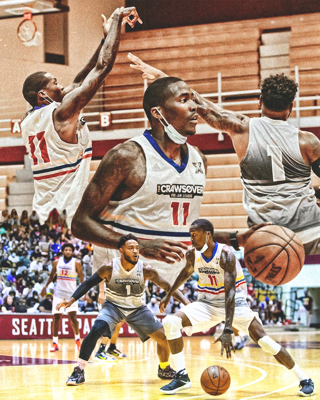 Basketball game with players in white uniforms on an indoor court, crowd in stands, players in defensive stances, one dribbling the ball.