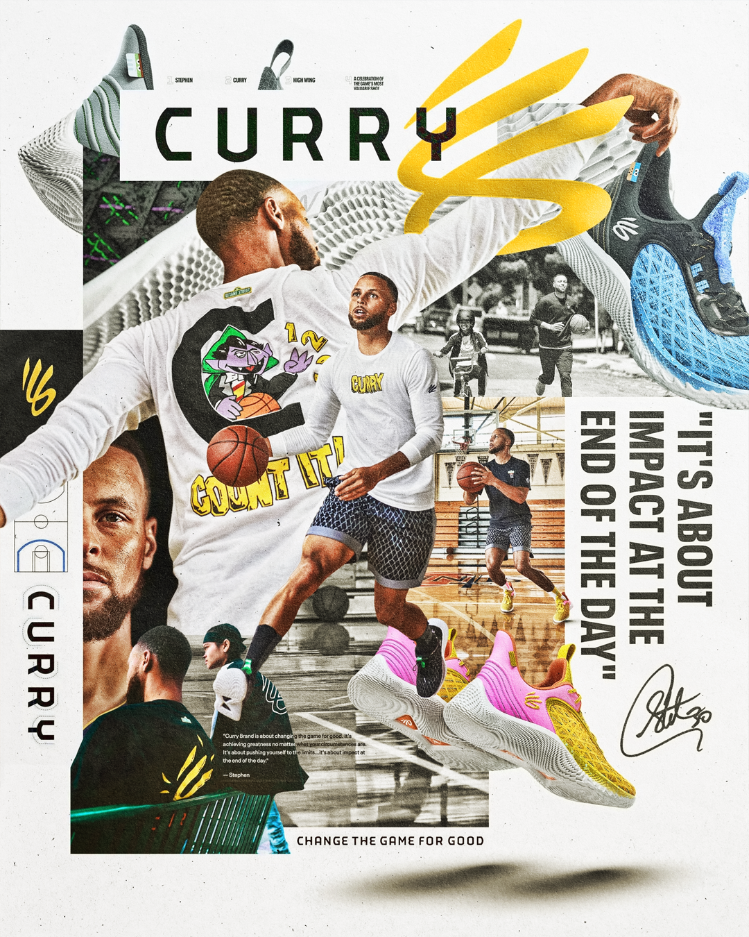 Collage of athletes and sports shoes, featuring basketball players, running, and skate shoes, with motivational quotes about sports and performance.