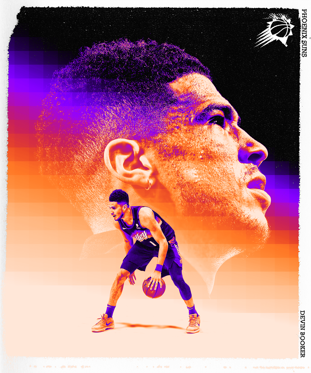 A digital artwork featuring a basketball player in a purple jersey dribbling a basketball, with a large, stylized profile of his face in the background. The background has a gradient of purple, orange, and black with pixelated effects, and the Phoeni