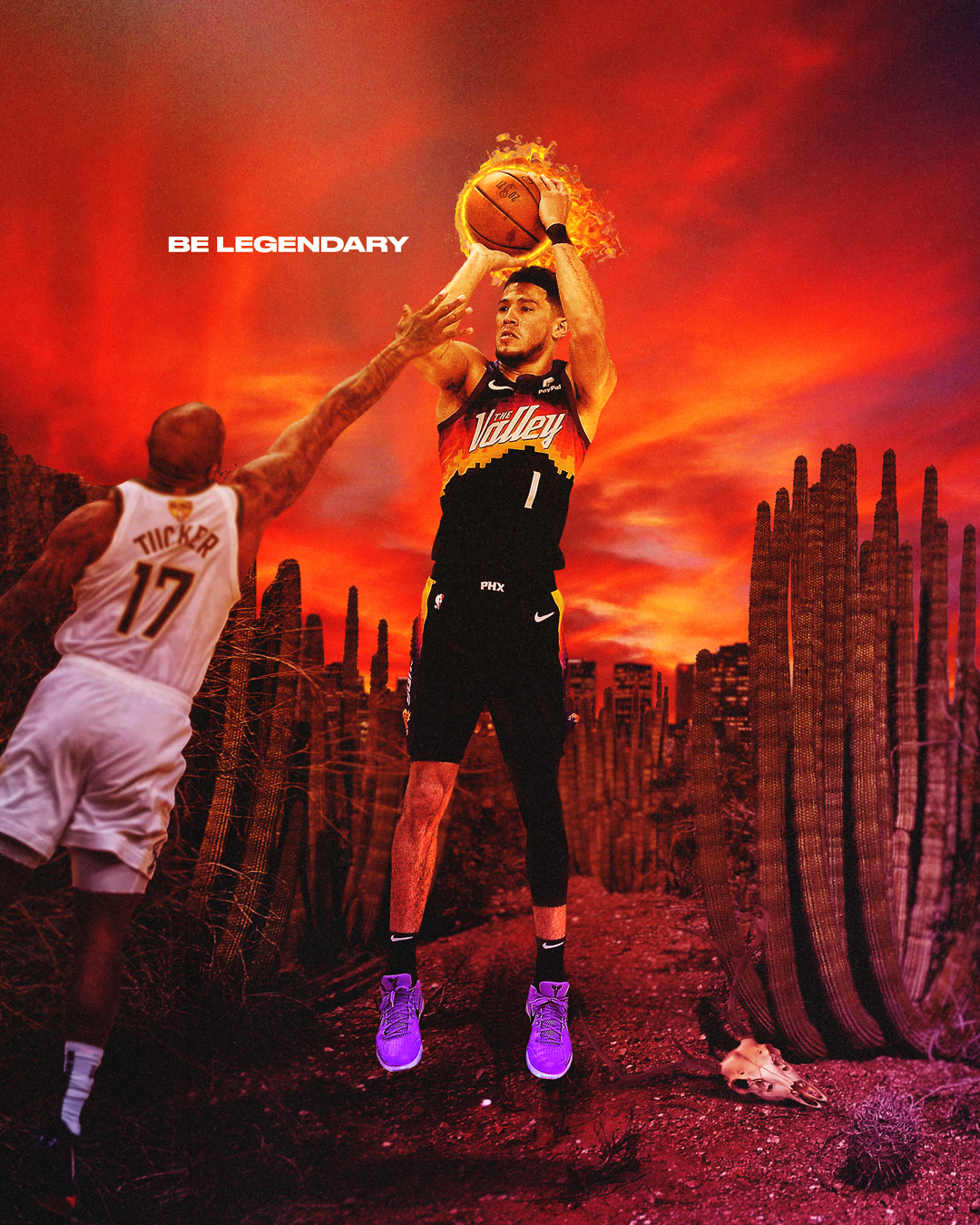 A basketball player from The Valley team shooting a ball against a fiery sunset cityscape background with cactus plants and rock formations, with the text "Be Legendary".
