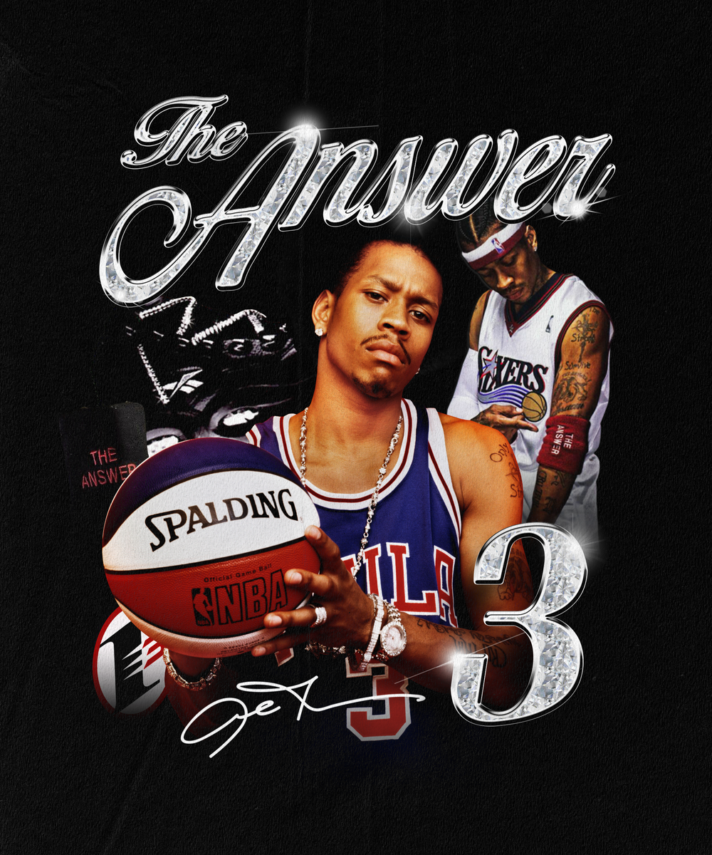 A digitally edited image featuring a man wearing a Philadelphia 76ers basketball jersey holding a Spalding NBA basketball, with another man in a similar jersey in the background. The text says "The Answer" and "3," referring to Allen Iverson, a famou