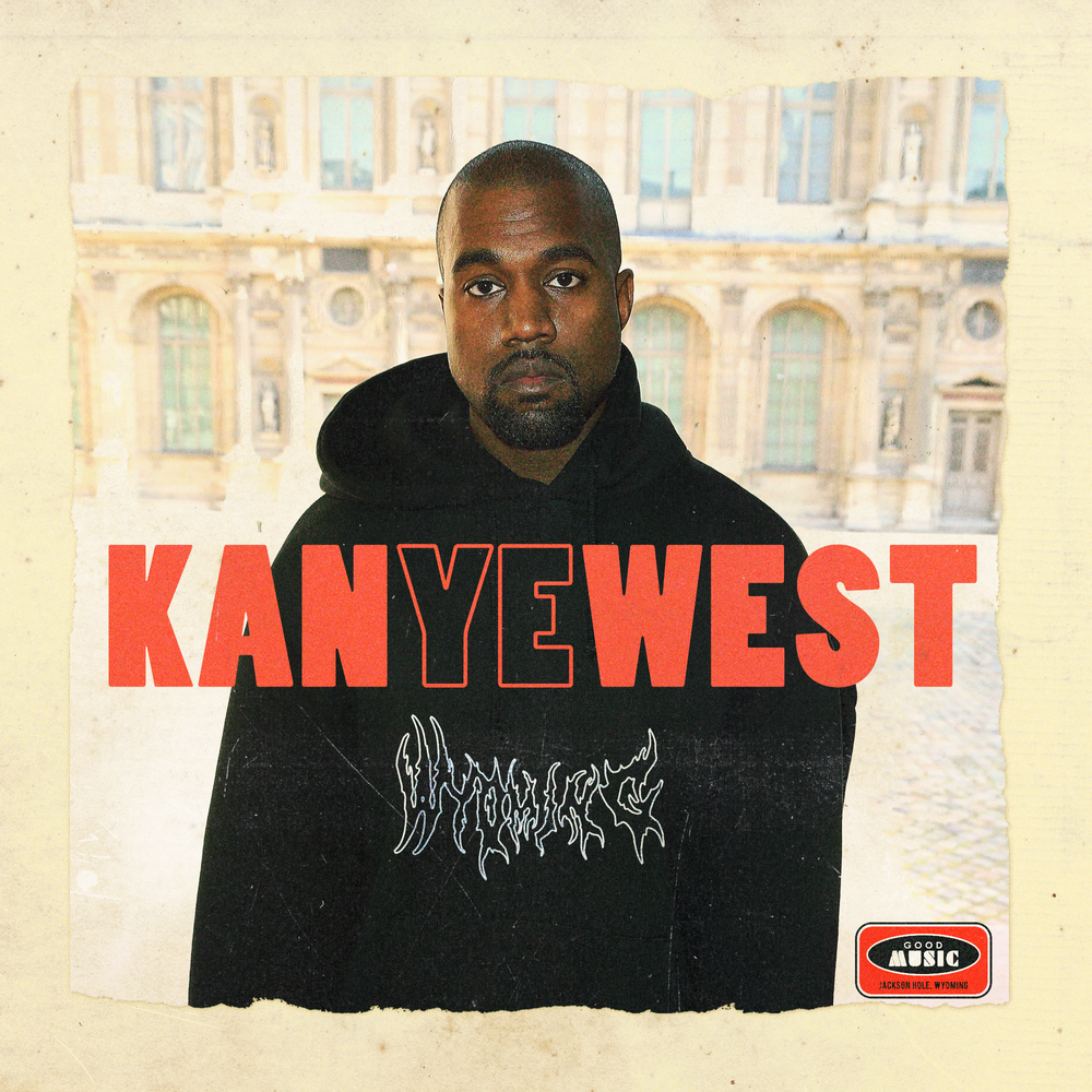 Album cover featuring a man with a serious expression, wearing a black hoodie with the word "Vampire" written in a distorted font, and the words "Kanye West" in large red letters across the middle. The background shows a historic building, and there'