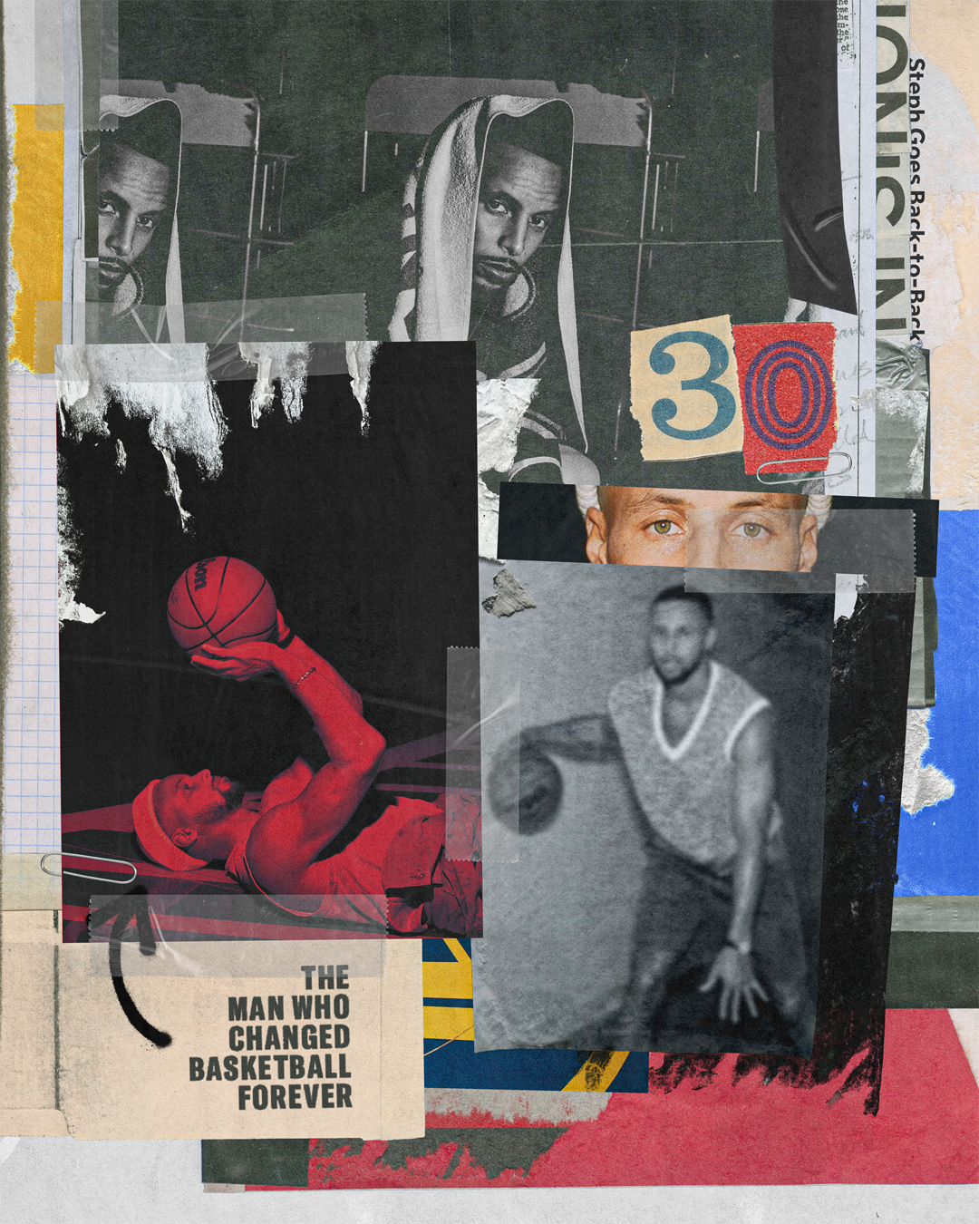 Collage featuring vintage basketball photos, images of famous players, and text saying 'The man who changed basketball forever' with colorful abstract elements.