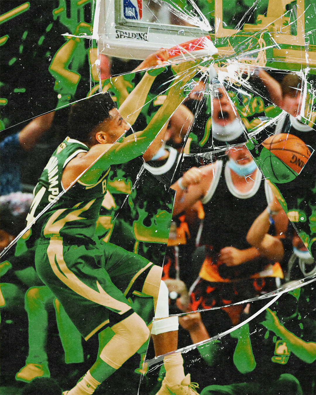 A basketball game scene taken through a broken mirror, showing players in green and black uniforms jumping for the ball. The background includes spectators and a basketball hoop.