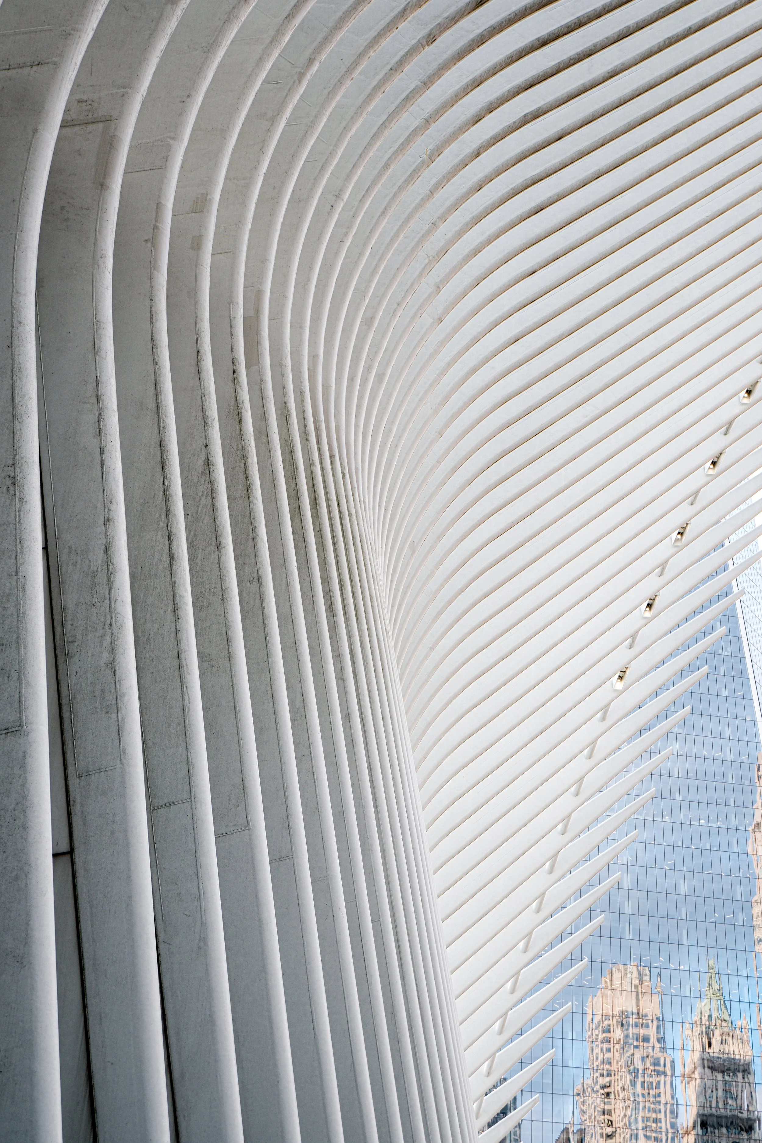 Close-up of modern building with white curved vertical architectural elements and reflective glass windows showing neighboring buildings.