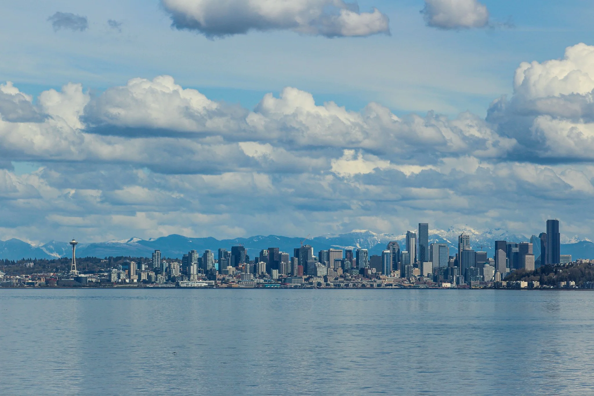 A city skyline featuring the Space Needle and various tall buildings along a waterfront, with mountains in the background and a cloudy sky overhead.