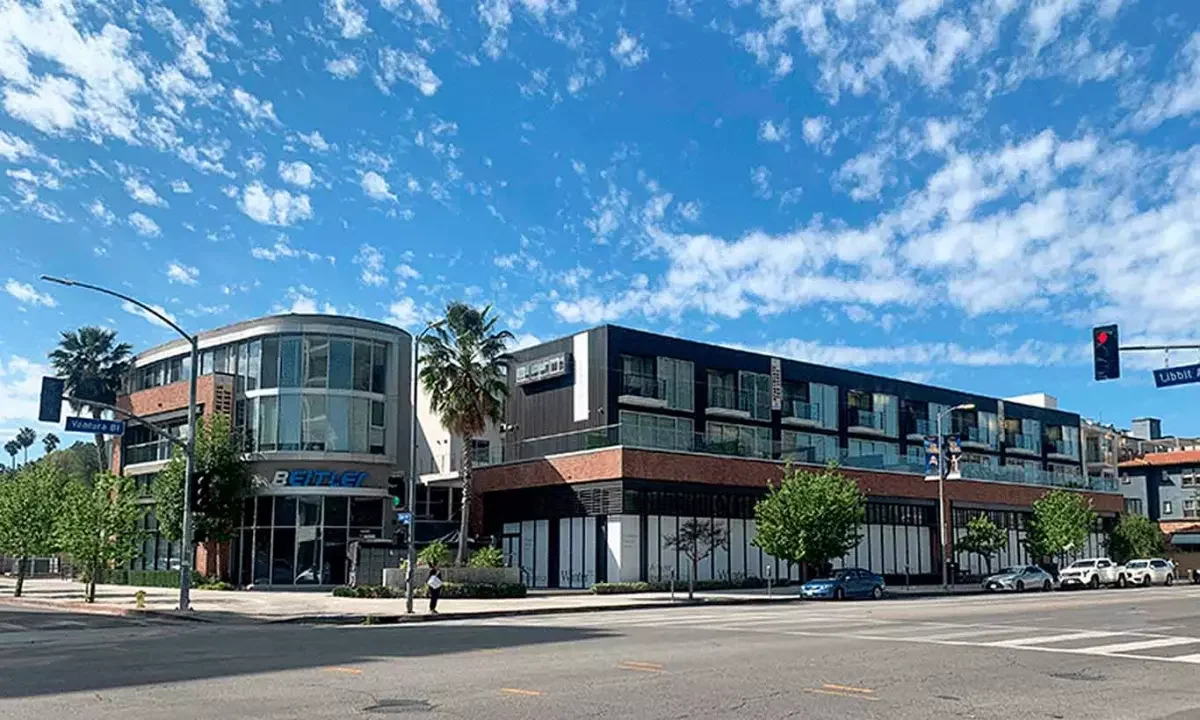 Modern multi-story building with glass windows, palm trees, and a clear blue sky