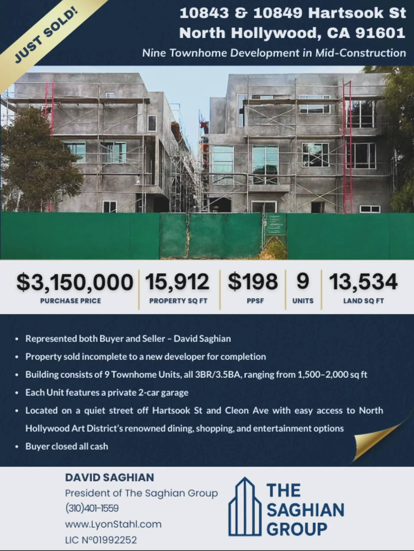🚨 JUST SOLD 🚨
10843 &amp; 10849 Hartsook St | North Hollywood

Represented Buyer &amp; Seller in the $3,150,000 sale of this 9-townhome development in mid-construction &mdash; well below replacement cost 🏗️

9 Townhomes | 3BR/3.5BA | 1,500&ndash;2