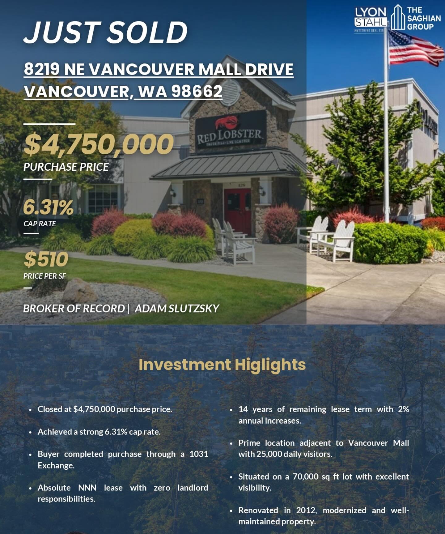 Just Closed | 🦞 Red Lobster &ndash; Vancouver, WA

Thrilled to announce the closing of this Red Lobster in Vancouver, WA for $4,750,000.

Transaction Highlights:
📈 Sold at a 6.31% Cap Rate
🔄 Buyer completed purchase through a 1031 Exchange
🏢 Abso