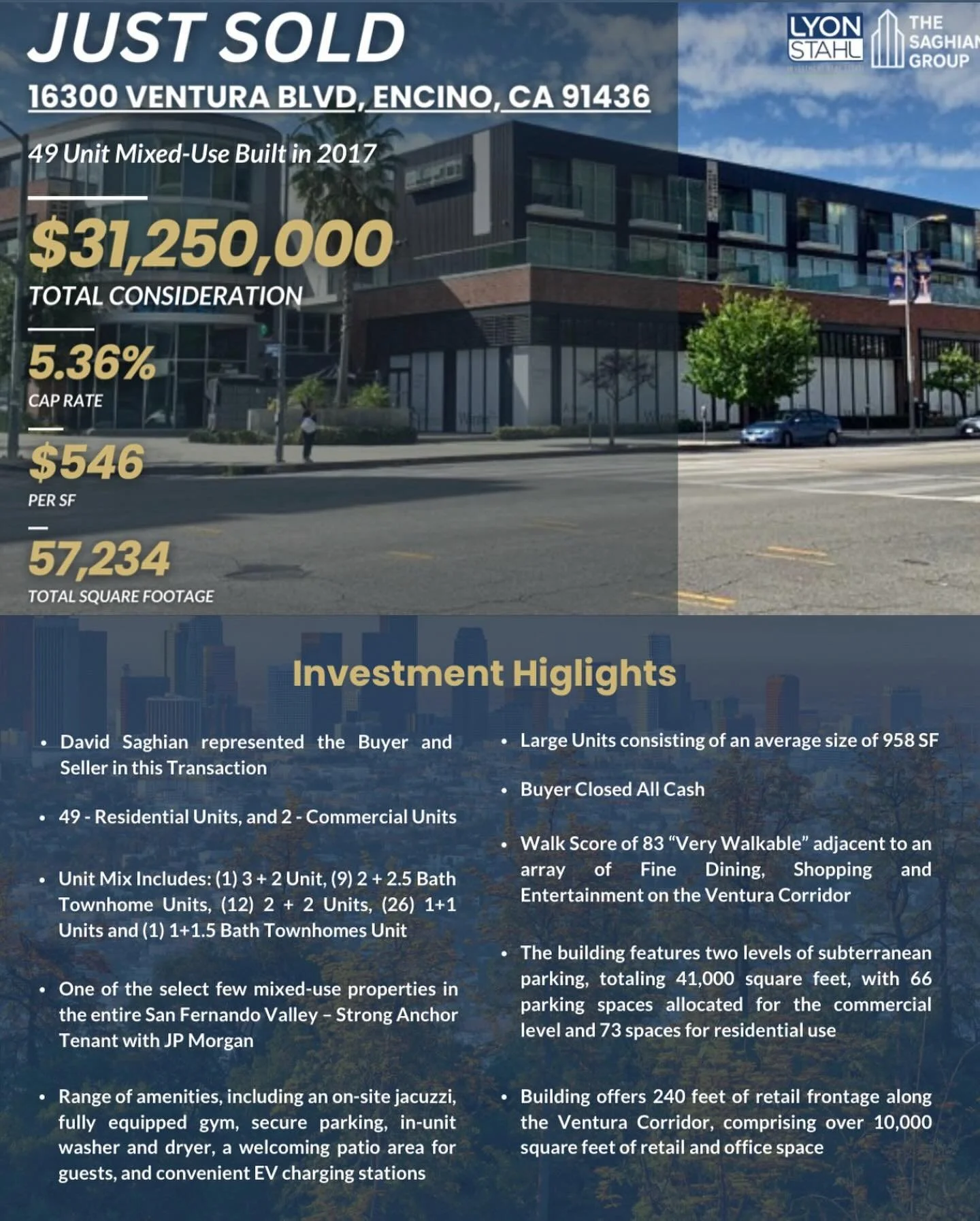 Just Closed! 
Represented Buyer and Seller
$31,250,000 | 49 Units | Built 2017 | Anchored by JP Morgan Financial Center | Largest Encino multifamily sale in the last 3 years | Sold to a local all cash buyer