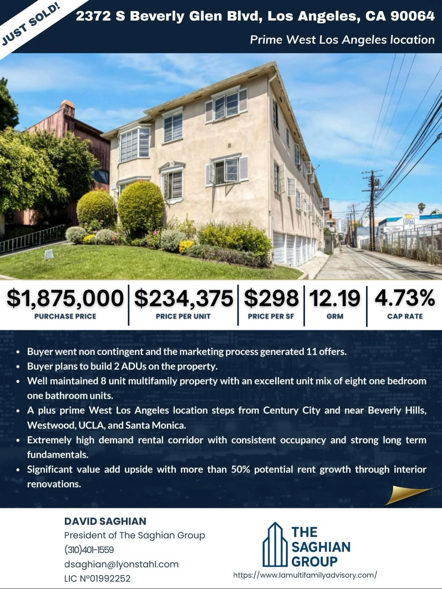 Just Sold in Prime West LA 🏙️ 

2372 S Beverly Glen Blvd closed at $1,875,000 after generating 11 offers. Buyer went non contingent and plans to add 2 ADUs. A strong value add play in one of the most in demand rental markets in Los Angeles 📈

Looki