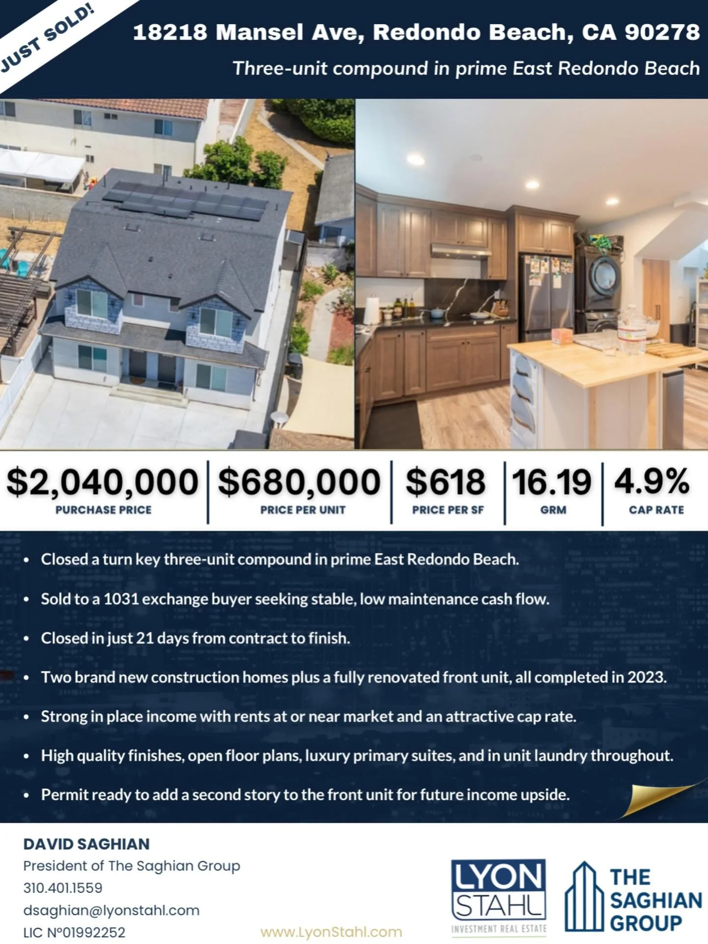 Just Closed in Prime East Redondo Beach 🌊

18218 Mansel Ave
Turn key three unit compound sold for $2,040,000

✔ 4.9% cap
✔ 16.19 GRM
✔ $680K per unit
✔ Closed in 21 days
✔ Sold to a 1031 exchange buyer seeking stable, low maintenance cash flow

Two 