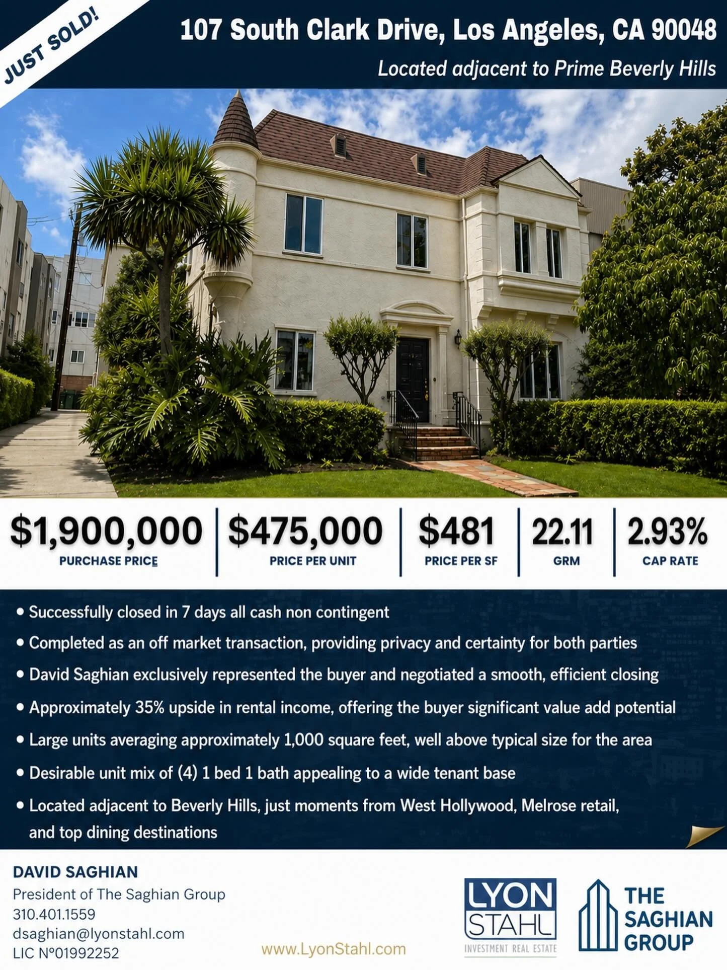 JUST CLOSED | 107 South Clark Drive, Los Angeles, CA 90048 🏡✨

Excited to announce the successful sale of this four unit value add property adjacent to Beverly Hills, where I had the privilege of representing the buyer in a smooth off market transac