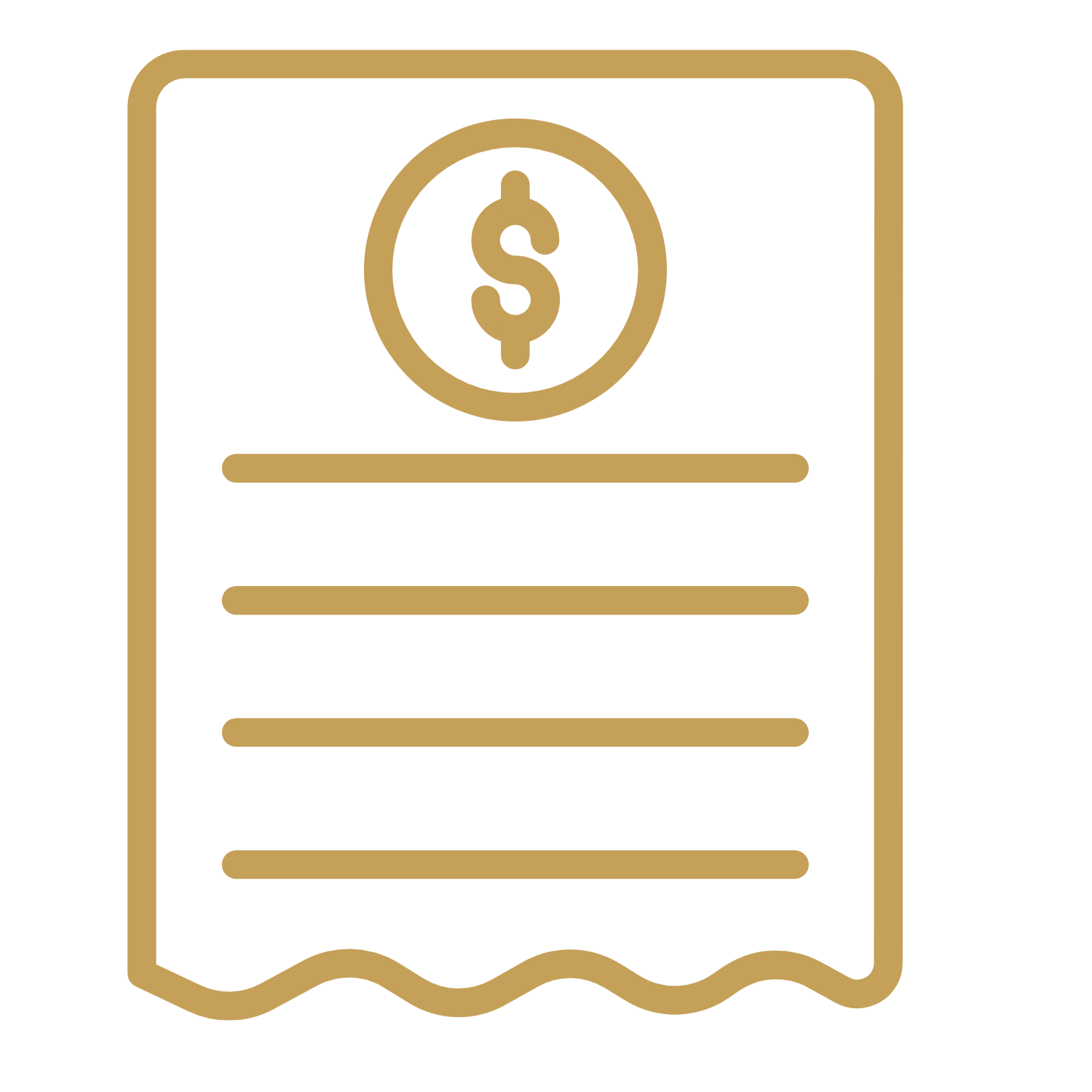 Line drawing of a receipt with a dollar sign icon at the top.