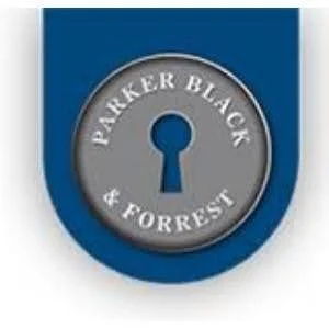 A close-up of a circular black and silver logo with a keyhole design, with the words 'PARKER BLACK & FORREST' around it.