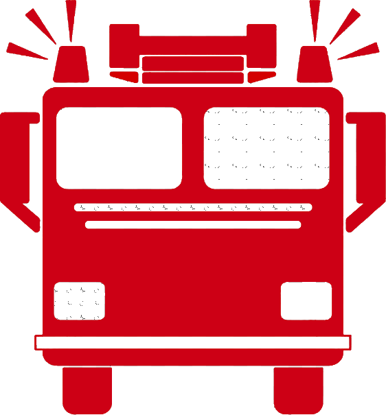 A red fire truck with flashing lights on top and emergency sirens.