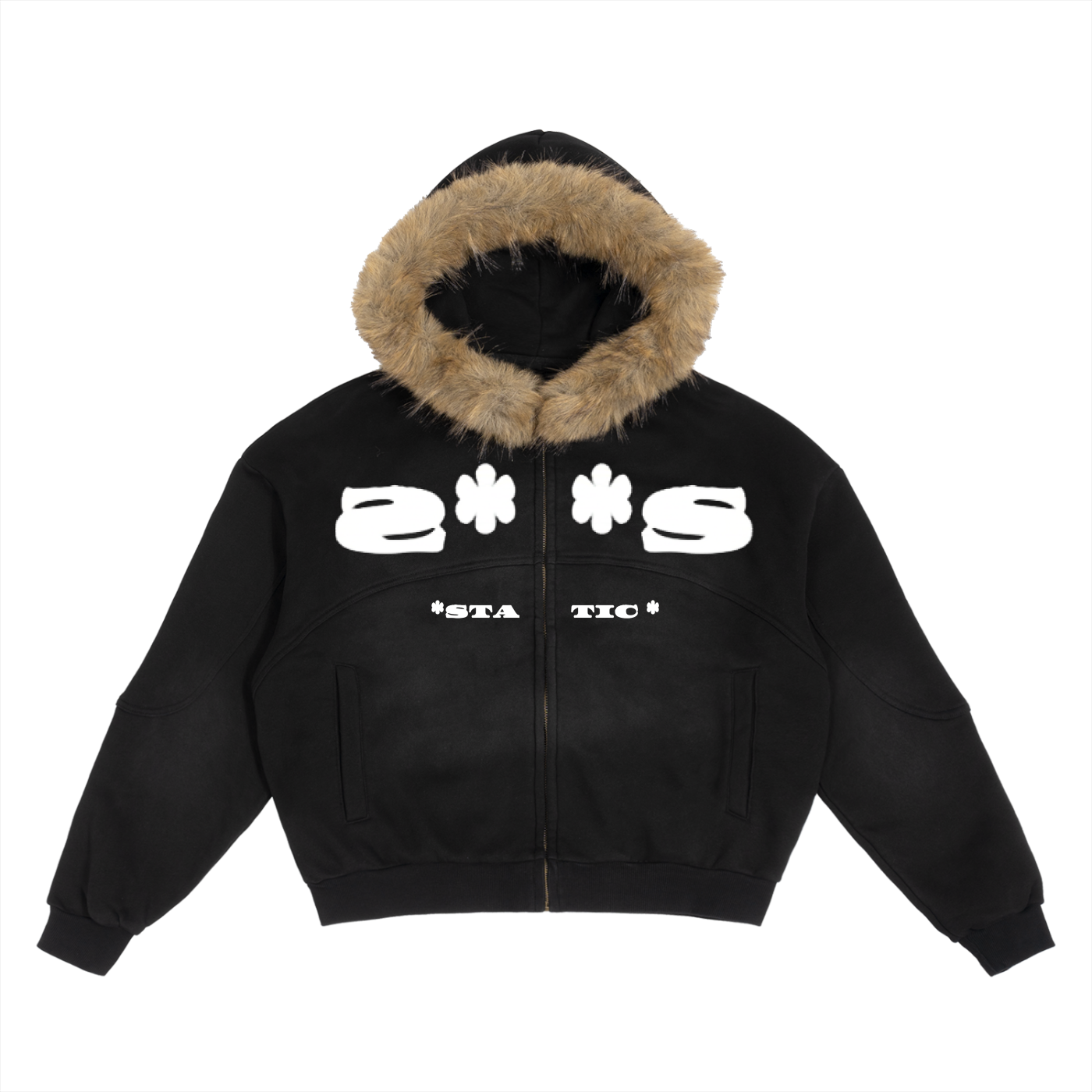 * STATIC * Sun Fade Boxy Detachable Fur Hoodie