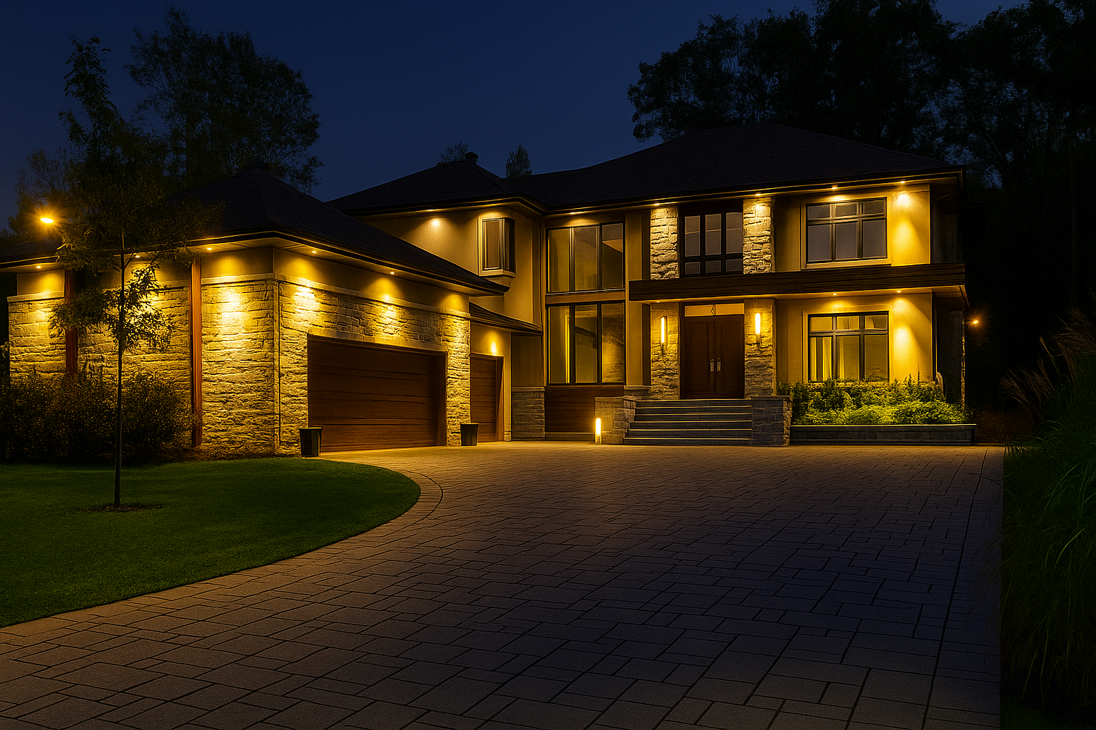A large modern house illuminated at night with warm exterior lighting, stone and stucco walls, multiple windows, a garage, and a landscaped driveway with trees and grass.