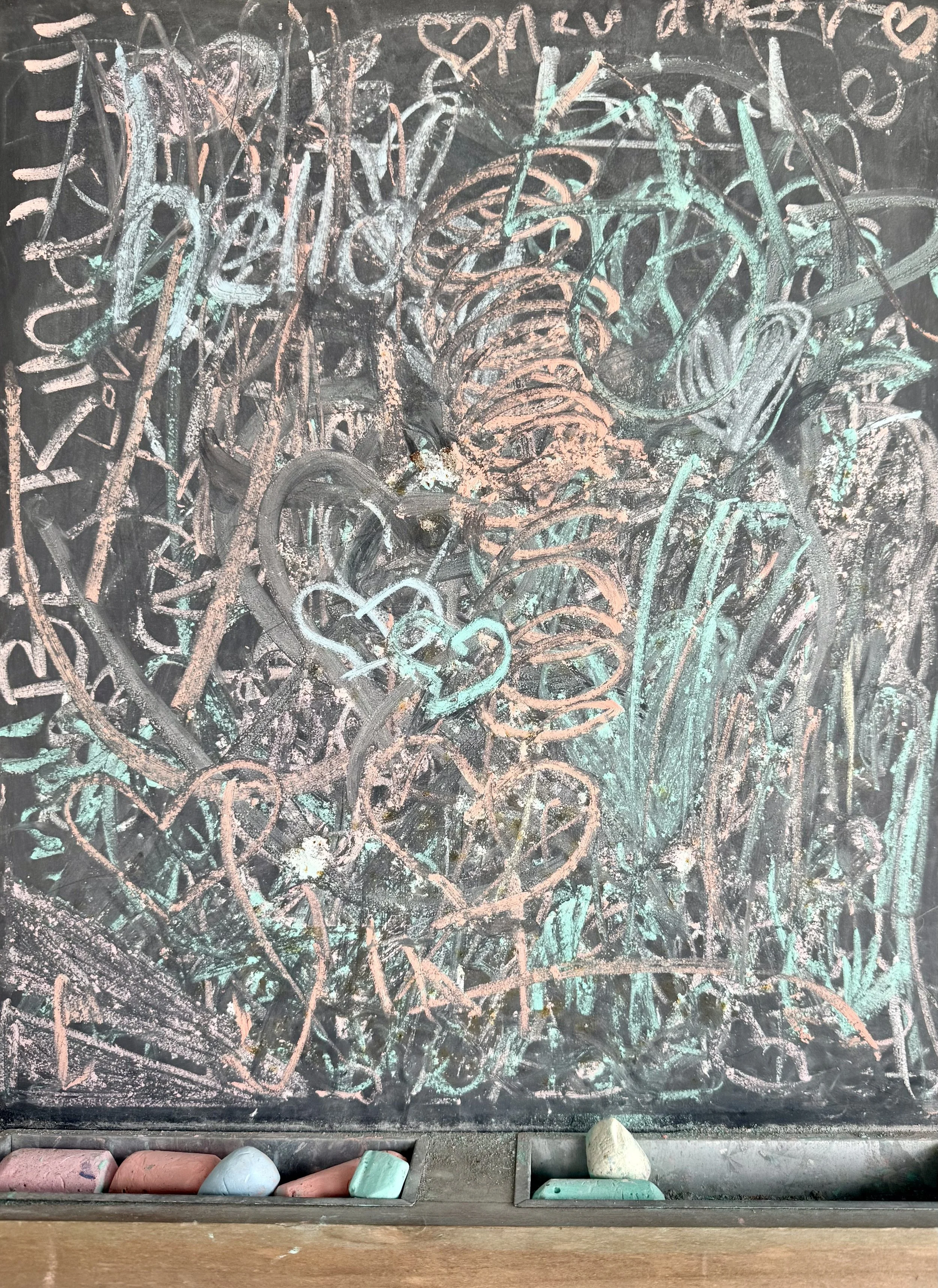 Close up of chalkboard with lots of scribbles on it