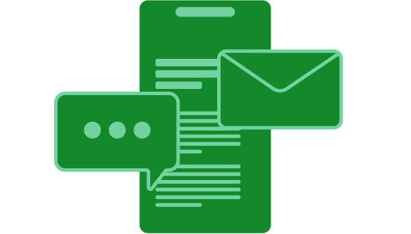 Contact icon with a phone, envelope and text graphic